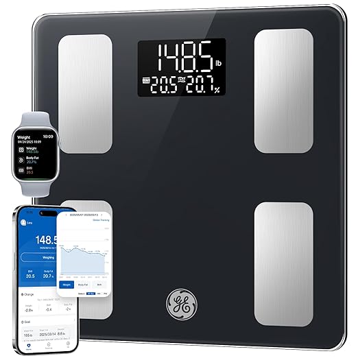 GE Smart Scale for Body Weight and Fat, Digital Bathroom Scales BMI Body Fat - Bluetooth 13 Body Composition Monitor for Muscle Mass People with App, Accurate 400lb Weighing, Battery-Black