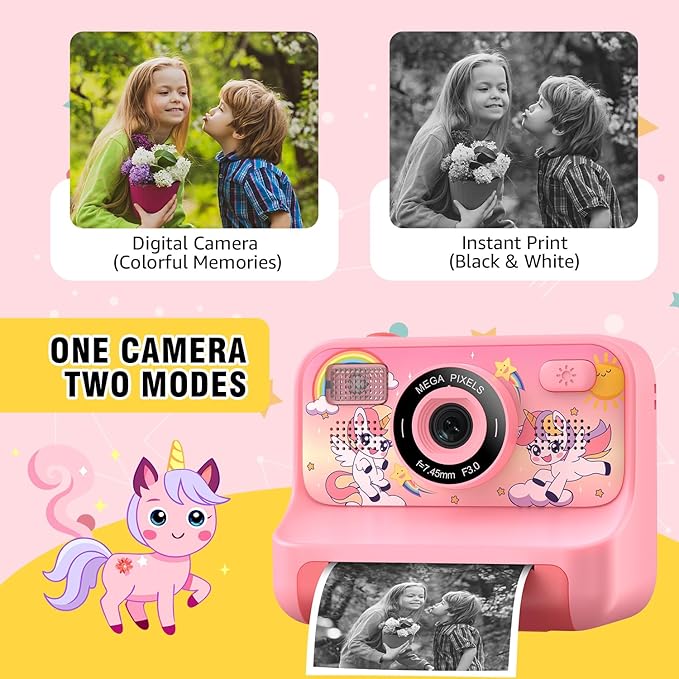 Instant Print Camera for Kids Age 3-12 Girls Boys 1080P HD Digital Video Cameras with 5 Print Paper & 32G Card Toddler Portable Travel Toys Camera for Christmas Birthday Gifts
