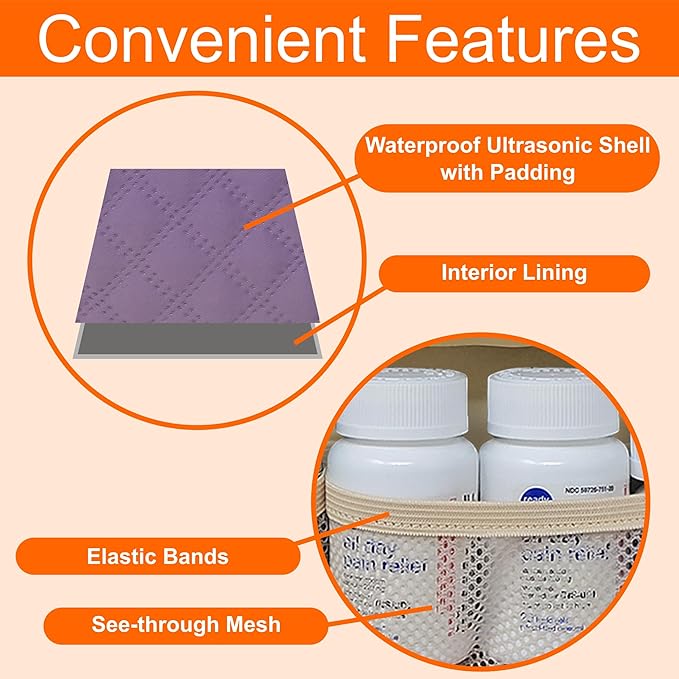 Medium Pill Bottle Organizer, Medicine Bag, Case, Carrier for Medications, Vitamins, and Medical Supplies - Travel Medicine Organizer Home Storage Med Bag - Ultrasonic Purple (Without Lock)