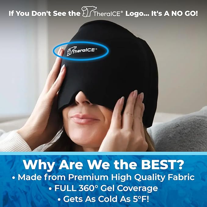 TheraICE Migraine Relief Cap | Soothing Headache Hat Ice Pack Mask | Face Cold Compress Cooling Gel Head Wrap Products for her Sinus Tension Stress Hangover & Puffy Eyes | Great Birthday Gift for Mom
