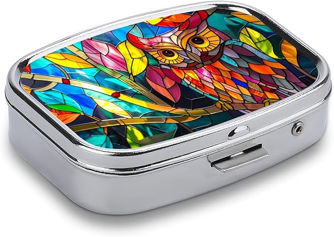 Horned Owl Pill Box 2 Compartment Flora and Fauna Stained Glass Portable Medicine Pill Case Travel Pill Organizer for Pocket Purse