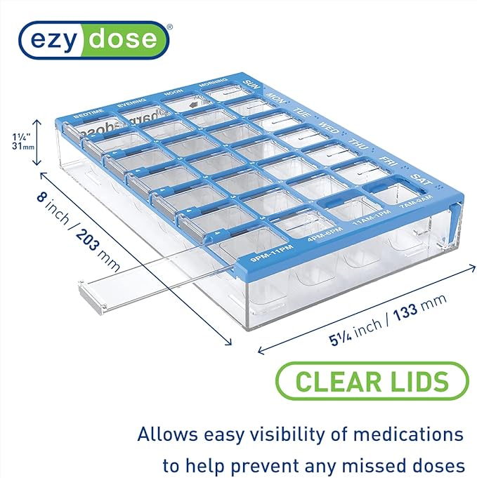 EZY DOSE Weekly AM/PM (7-Day) Daily Pharmadose Pill Planner, Medicine Case, Vitamin and Supplement Organizer, Medium Easy Fill Compartments, 4 Times a Day, 28 Compartments, Blue, BPA Free