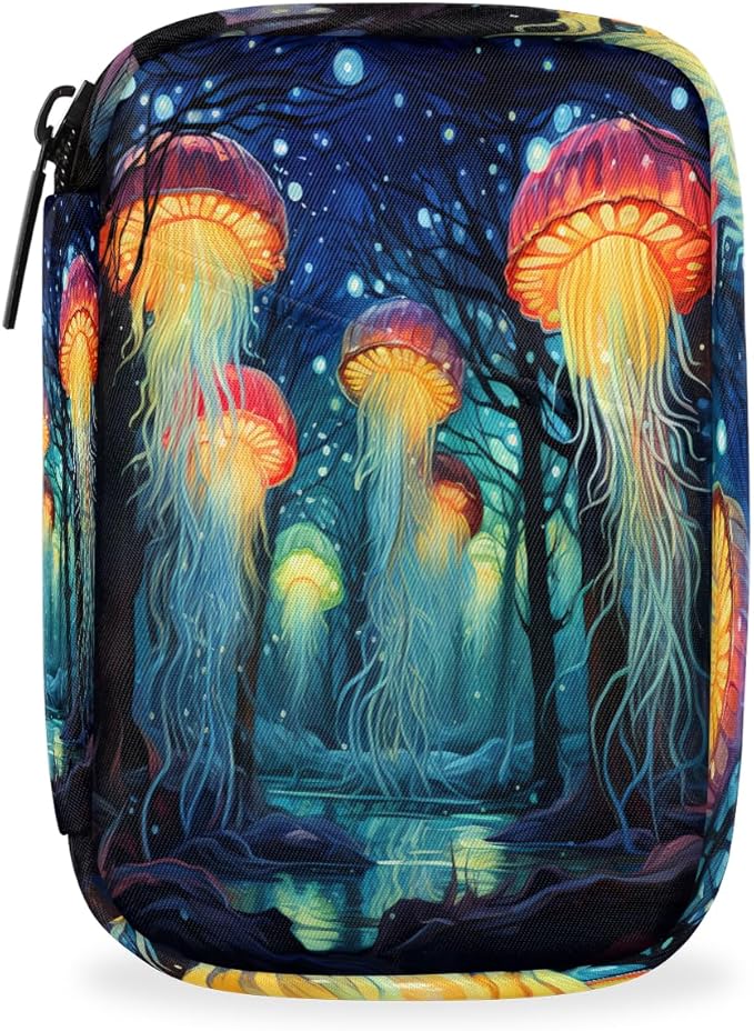 Abstract Tree Forest Jellyfish Travel Pill Organizer Box Weekly Portable Pill Case Daily Pills 7 Day Small Birth Control Pills Container Removable Compartments for Medicine Vitamins Fish Oil