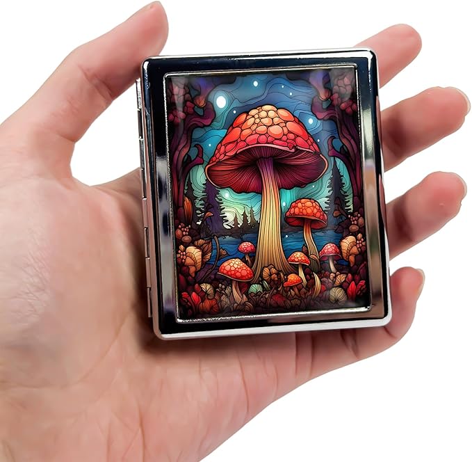 Cute Travel Pill Box Organizer with 8 Compartments - Compact and Fashionable Pill Case with Mirror - Ideal for Medications (Mushroom Fantasy)