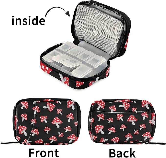 Pill Box Mushroom Cartoon 7 Day Pill Case Travel Pill Organizer Bag with Zipper Portable Weekly Vitamin Medicine Supplement Holder Pouch Bag