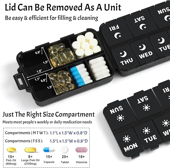 Foldable & Portable Weekly Pill Organizer 2 Times a Day with Clear Printed Labels - 7 Day AM PM Medicine Box, Week Daily Travel Pill Meds Case Holder for Medications, Vitamin, Supplement - Black