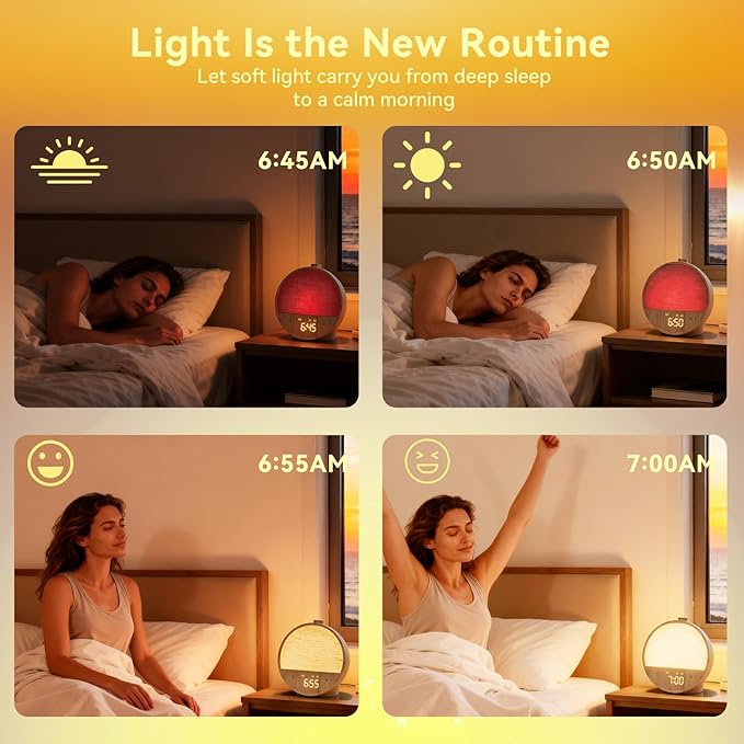 Vivilumens Wood Grain Sunrise Alarm Clock, Gentle Wake-Up Light Sound Machine, Dual Alarms for Heavy Sleepers, Natural Sounds, RGB Mood Light, Dimmable Bedside Night Lamp, Ideal for Bedroom & Gifts