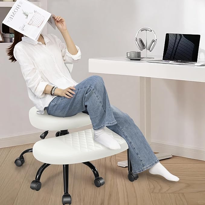 Ergonomic Cross Legged Office Chair with Wheels - Adjustable Height for Meditation, ADHD Desk & Yoga - Wide Criss Cross Design with Lumbar Support, Kneeling Chair - Off White