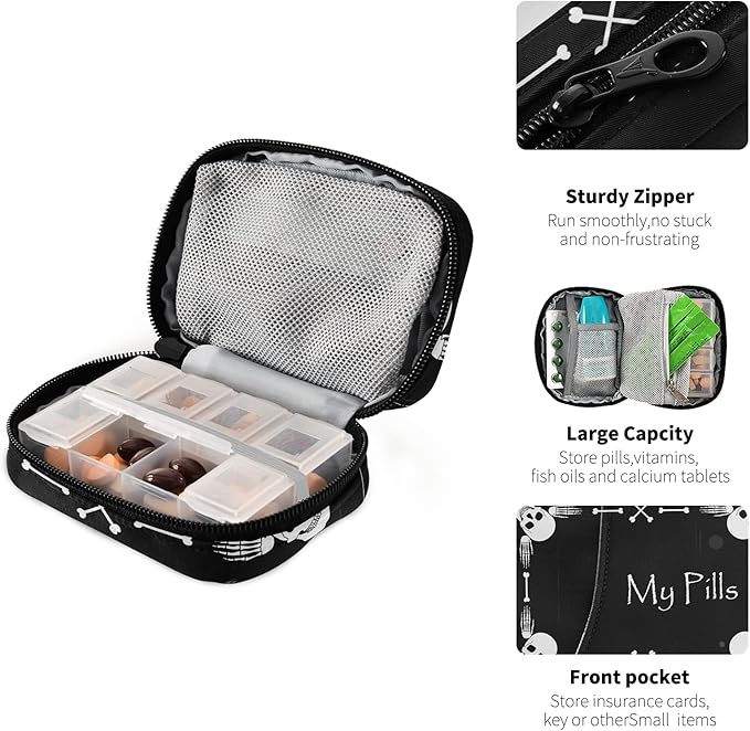Halloween My Pill Box 7 Day Skull Pill Case Travel Pill Organizer Bag with Zipper Portable Weekly Case Compact Size for Vitamin Supplement Holder