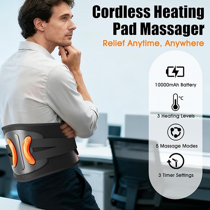 Cordless Heating Pad for Back with Massager, 10000mAh Battery Operated Portable Heated Belt with Vibration, Electric Back Massager for Lower Back, FSA Eligible HSA Birthday Gifts for Men Women Dad Mom