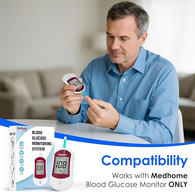 Blood Glucose Test Strips, for use with Medhome Diabetes Glucose Testing Meter,100 Count