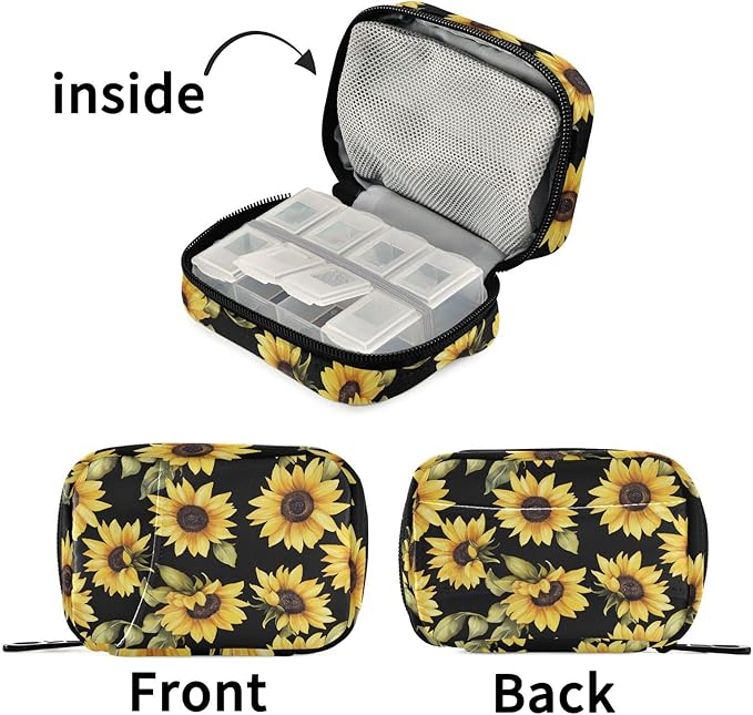 Fustylead Vibrant Yellow Sunflowers on Black Background Pill Organizer Case with Zipper 2 Times A Day for Vitamin and Supplement, 7 Day Travel Organizer Medicine Case