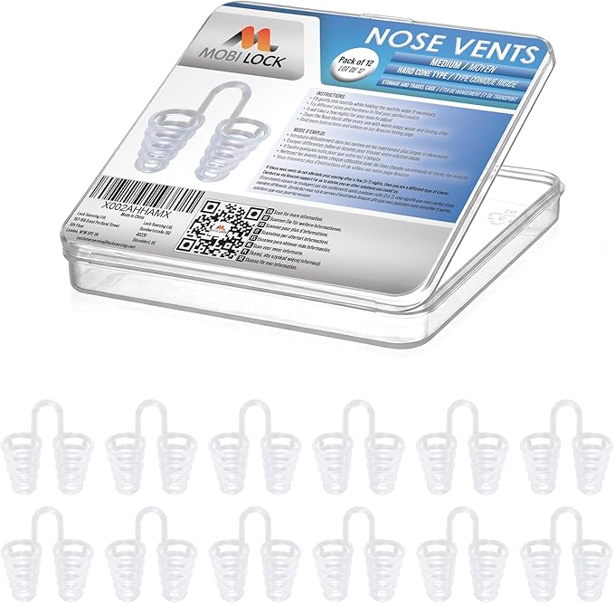 Nose Vent Sinus Relief Dilator (Pack of 12 Medium Size) Hard Cone Vents - A Simple Solution for Nasal Snorers - Reusable Snoring Device to enjoy a peaceful night's sleep - by Mobi Lock