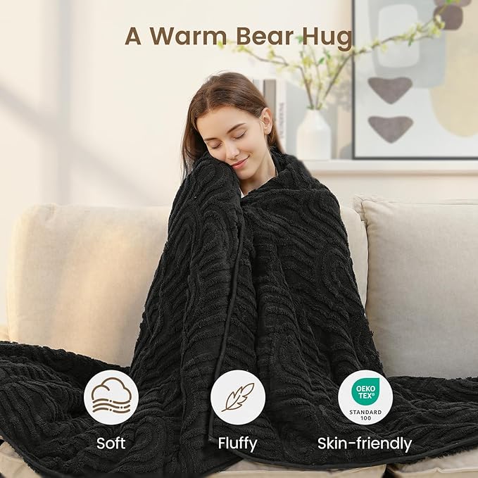 Sherpa Fleece Adult Weighted Blanket Great for Sleep, 20 lbs Dual Sided Soft Fuzzy Heavy Blankets for Couch Bed Sofa, Cozy Warm Fluffy Arched Jacquard Throw for Winter (Black, 60" x 80", 20 Pounds)