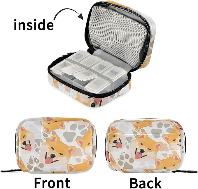 Pill Box Shiba Inu Dog 7 Day Pill Case Travel Pill Organizer Bag with Zipper Portable Weekly Vitamin Medicine Supplement Holder Pouch Bag