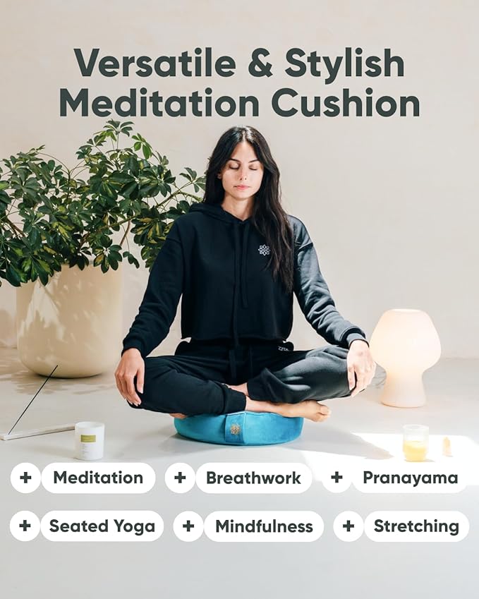 Mindful Modern Velvet Meditation Cushion | Luxe Zafu Yoga Floor Pillow Seat | Posture Support | Buckwheat Hull Filled | Large Round Cushion with Removable Washable Cover + Carry Handle