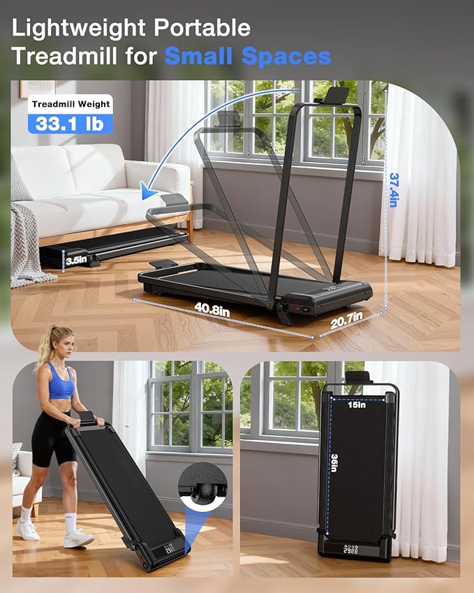 2 in 1 Walking Pad with Handle Bars, 8% Incline Foldable Treadmills for Home Office Ultra Quiet <40dB, 3.5 HP Portable Walking Jogging Running Machine with LED Display & Remote, 320+LB Capacity