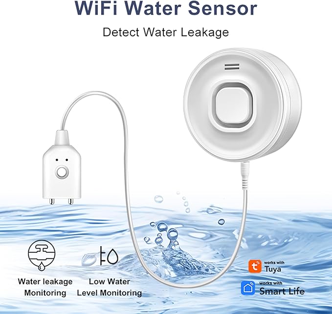 WiFi Water Leak Detectors for Home with Tuya APP Push and 100dB Sound Alarm, Suit for Warehouse, Basement, Kitchen, Laundry Room, Compatible with Alexa&Google Assistant (Support WiFi 2.4G)