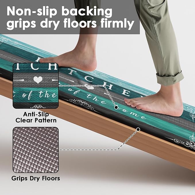 Arttown Teal Farmhouse Anti-Fatigue Kitchen Rug Set of 2 Grey Black Green Wood Vintage Cushioned Floor Standing Mat Waterproof Non-Slip Kitchen Mat and PVC Ergonomic Comfort Foam Rug