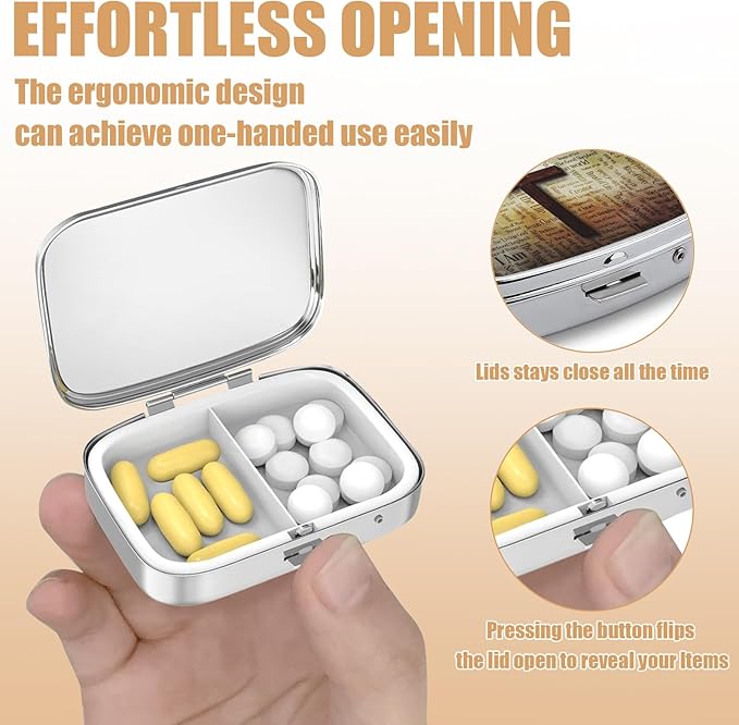 Blessed Pill Box-2 Compartment Small Pill Case Square Organizer Case with Mirror Portable Metal Medicine Box Travel Container for Pocket & Purse Women Men(Jesus Cross)