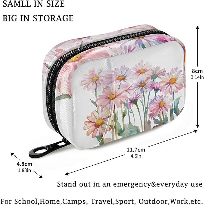 Fustylead Watercolor Beautiful Daisy Flowers Travel Pill Organizer Case Zipper for Purse with Removable Weekly Pill Box for Medicine, Vitamin, Supplement Medicine Organizer