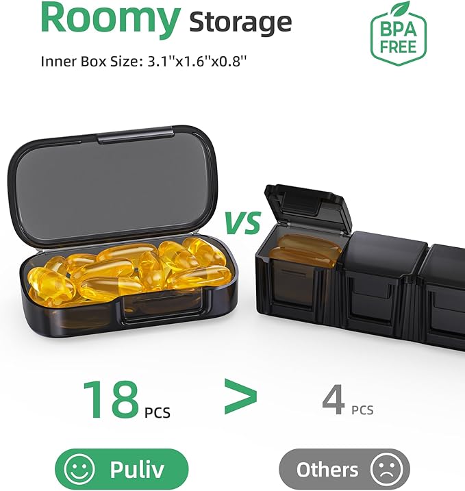 PULIV Weekly Pill Organizer with Large Capacity, Dual Protection Pill Box 7 Day, Arthritis Friendly Pill Case Easy to Open, Medicine Organizer for Vitamins, Medications, Fish Oils, Supplements (Black)