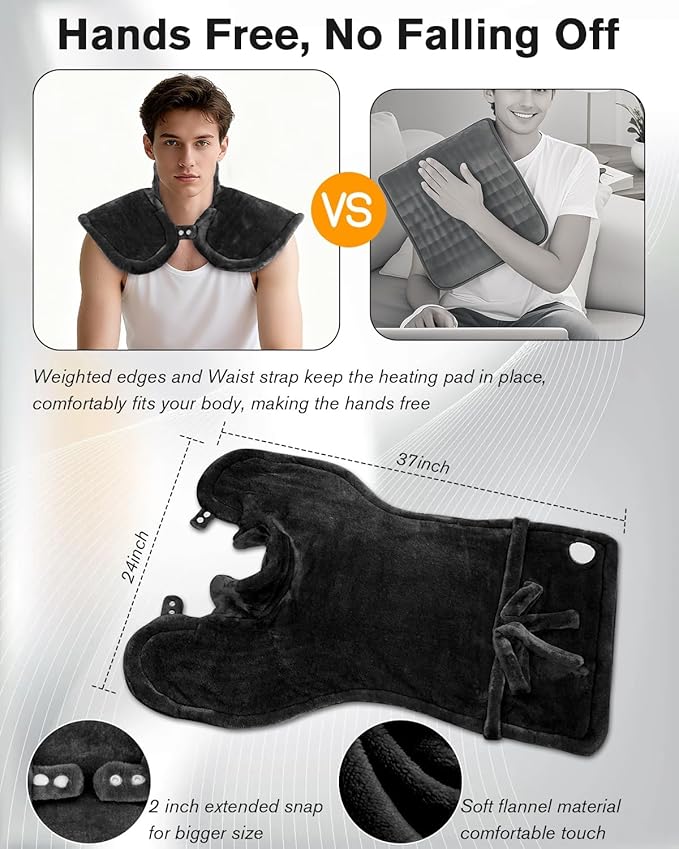 Heating Pad for Back Pain Relief, LANVA Birthday & Mothers Day Gifts for Women Men Mom Dad, Edge Weighted Electric Heat Pad for Neck and Shoulders, 6 Heat Settings, 4 Timer Options, 24"x37", Black