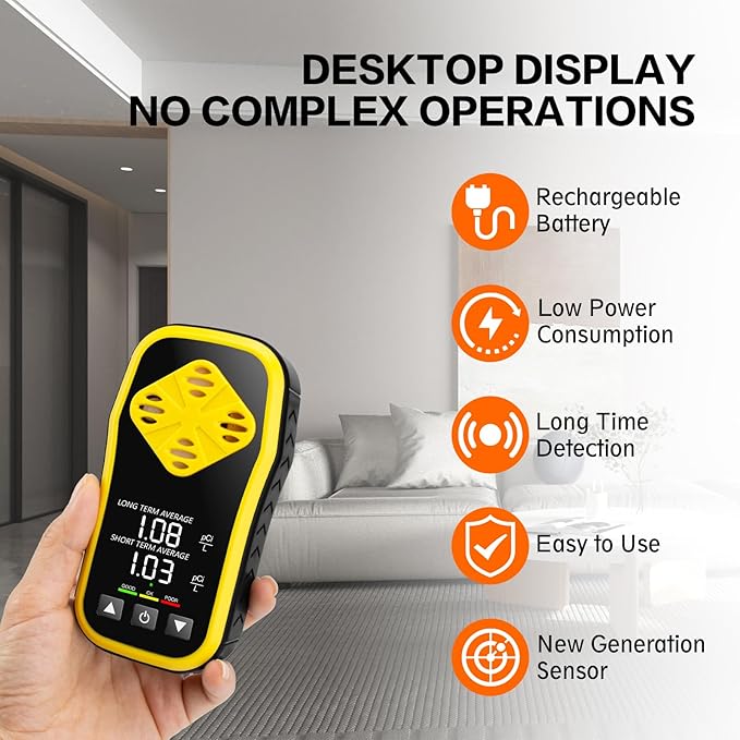 Digital Radon Detector - HD LCD Desktop Monitor with 10-Year Sensor, 2-3 Year Battery (6H Charge), Real-Time pCi/L Readings for Home & Office Safety