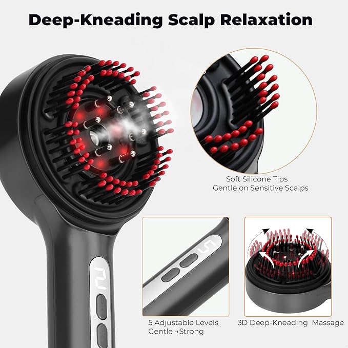 Electric Scalp Massager, 5 in 1 Refillable Oil Reservoir and Mist 3 Step At Home Scalp Spa Device, 3D Deep Kneading Massage, USB C Rechargeable Portable for Home and Travel