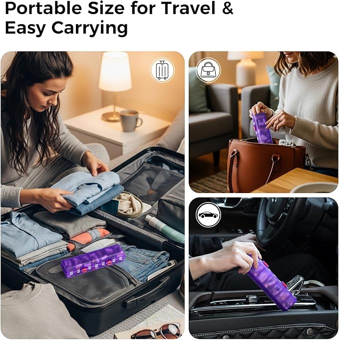 Foldable Pill Organizer Weekly 2 Times a Day, 7 Day Portable AM PM Travel Pill Case with Black&White Labels, Dual-Protection Daily Medicine Box, Large Pill Holder for Vitamin/Supplement-Clear Purple