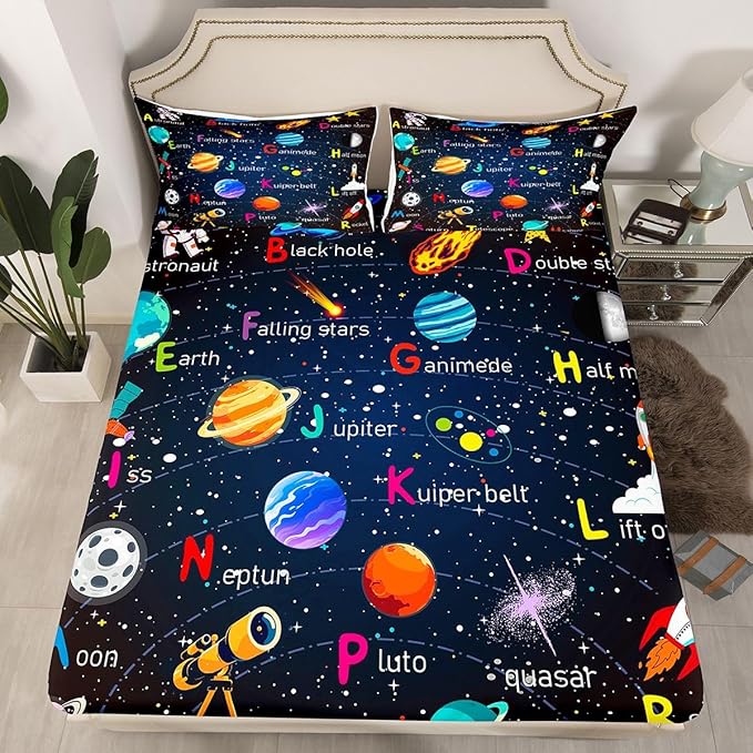 Alphabet Outer Space Astronaut Fitted Sheet Full Size, ABC Planet Bed Sheet Set Kids Toddler Galaxy Bedding Set 3Pcs