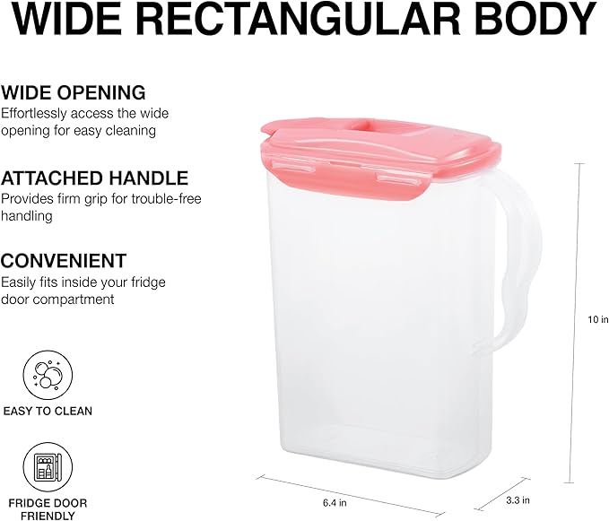 LocknLock HAP607PIK Aqua Fridge Door Water Jug with Handle, BPA-Free Plastic Pitcher with Flip-Top Lid and Easy-Pour Spout for Water, Juice, Tea, and Other Drinks, 3-Quart, Pink