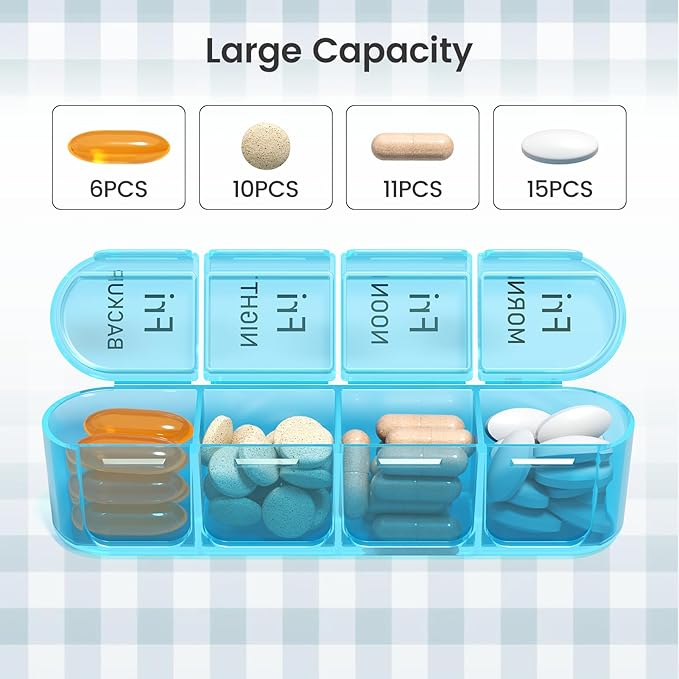Daviky Pill Organizer, Daily Pill Box 7 Day, Weekly Pill Organizer 4 Times a Day, Large Travel Pill Case with 28 Compartment to Hold Medicine, Vitamin and Supplement (Blue)