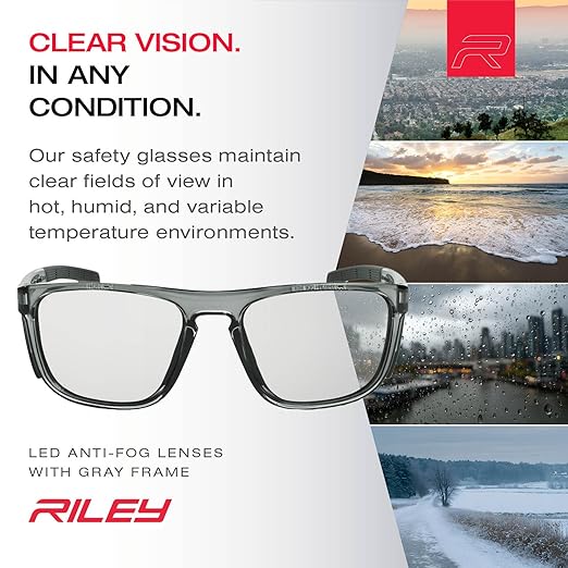 Riley Navigator X Safety Glasses – Anti-Fog, Scratch/Impact Resistant & UV Blocking LED Lenses, Lightweight Full-Frame for Work, Outdoors, & Active Lifestyles, Gray
