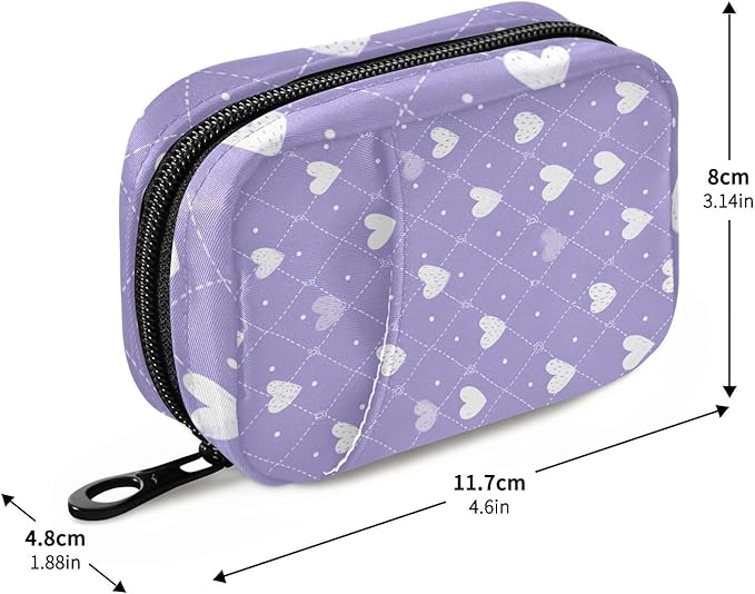 Diamond Grid Purple Hearts Travel Pill Organizer Case Box Container Weekly Portable Vitamin Medicine Holder Storage Bag with Zipper Removable