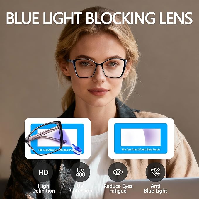 2 Pack Blue Light Blocking Glasses for Women, Oversized Trendy Cat Eye Computer Gaming Glasses Anti Glare & UV Glare RF6204 (Clear + Leopard Cateye Frame)