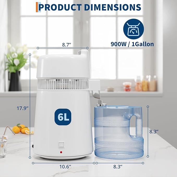 GarveeHome Water Distillers for Home Countertop, 1.5 gal/6 L Stainless Steel Distilled Water Machine with Glass Container, 750W Desktop Drinking Purifier Filter Distilling Kit