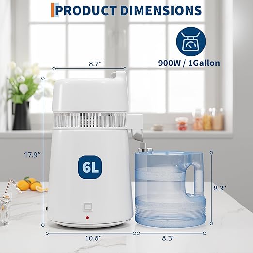 6L Water Distiller,Household Stainless Steel Distilled Water Purifier,Countertop Distilled Water Maker,6Litre Distilled Water Machine for Home.White Plastic Jug.