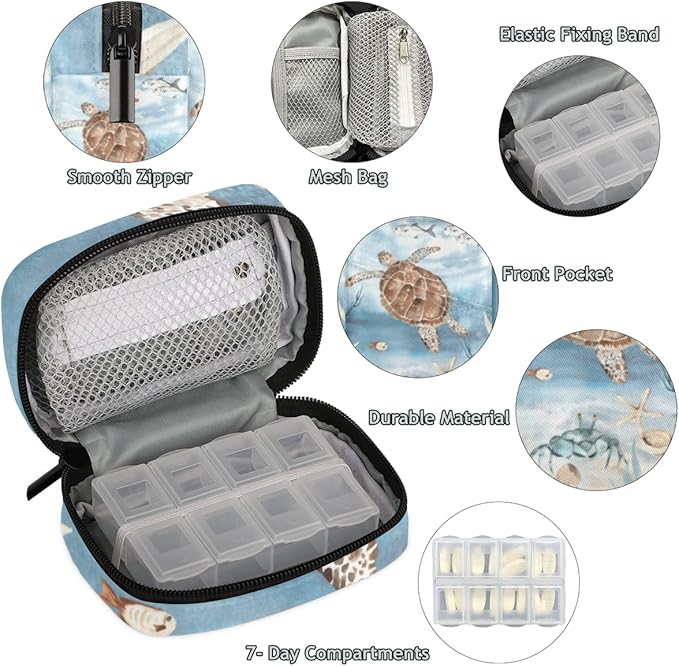 Sea Turtle Algae Fish Starfish Pill Case Weekly Medicine Organizer with Travel Bag Seven-Day Pill Box Vitamin Supplement Box Fish Oil Pills Holder
