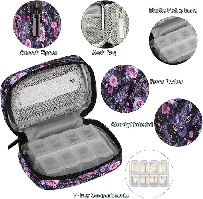 Purple Psychedelic Paisley Travel Pill Organizer Box Weekly Portable Pill Case Daily Pills 7 Day Small Birth Control Pills Container Removable Compartments for Medicine Vitamins Fish Oil