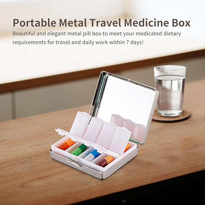 Portable Metal Travel Medicine Box/8 Compartments (Silver)