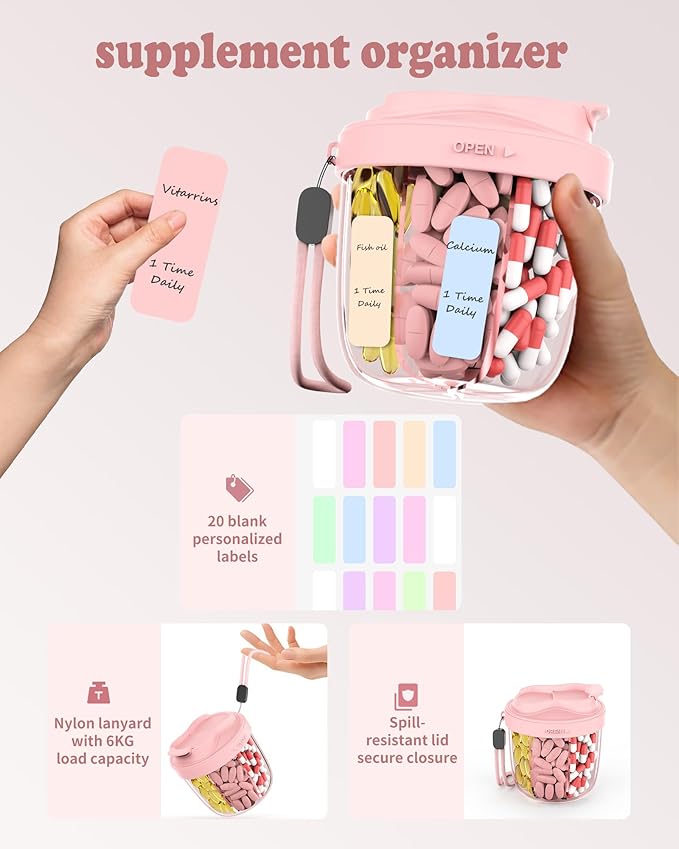 Pill Organizer with 7 Compartments, Pill Dispenser Case for Holding 7 Different Vitamins, Anti-Mix Design for Easy Medication Retrieval. Travel Pill Organizer with 20 Labels. Pill Container-Pink