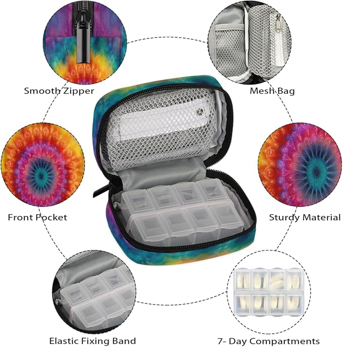 Rainbow Mandala Boho Pill Case Everyday Travel, 7 Day Weekly Medicine Pill Box Compact Portable Pills Bottle Organizer with Zipper for Daily Vitamin Medicine Holder Bottle Organizers Bag