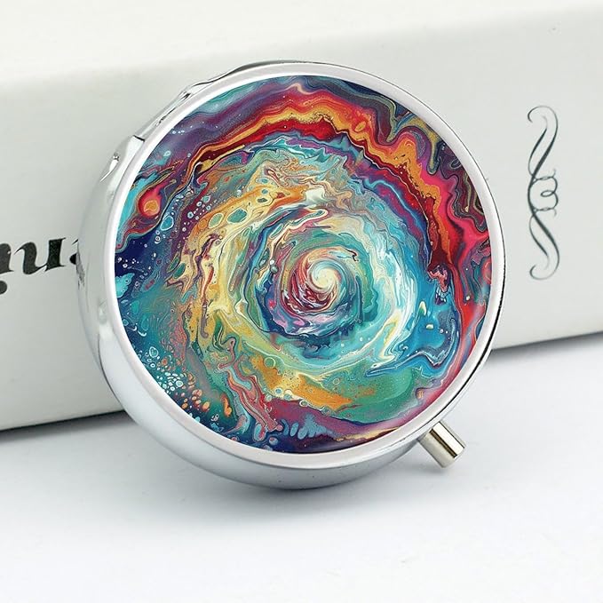 Colorful Abstract Swirls Pill Box Travel Pill Case for Purse Pocket Weekly Medicine Organizer with Mirror 3 Compartment Round Medicine Case Portable PillcaseHolder for Daily