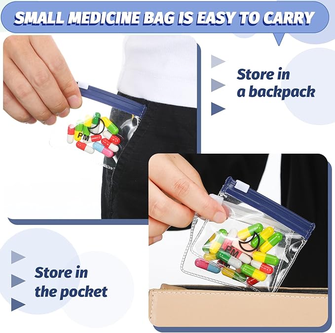 56 Pcs AM PM Pill Pouches Bags Travel Pill Bags Zippered Medicine Organizer Day and Night Pill Bag Reusable Plastic Pill Baggies with Slide Lock Monthly Pill Organizer 2 Times a Day (Clear, Blue)