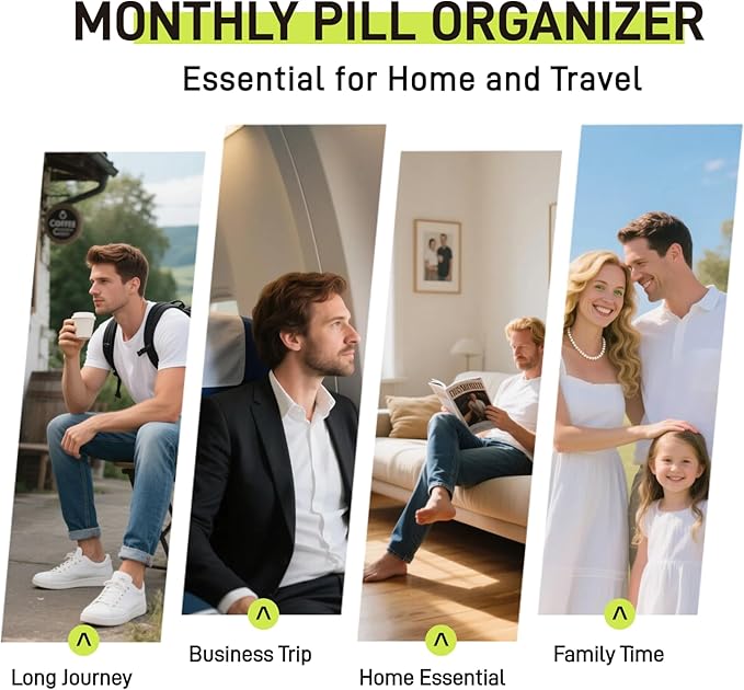 WEEOATAR Month Pill Box Organizer Medicine Planner Pill Dispenser, 3 Times a Day, Easy to Use with Zippers, Medical Supplies with Individual Compartments for Vitamin, Fish Oil, Supplements (Black)