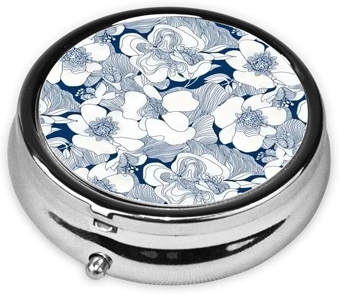 Metal Silver 3 Compartment Pill Box Pocket Portable Mini Travel Pill Case Small Round Decorative Medicine Box Vitamin Pill Organizer with Flower