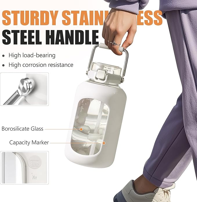 Large Glass Water Bottles with Stainless Steel Handle,100 oz Gallon Drinking Bottle with 2-in-1 Straw Lid,3 Liter Glass Water Jug with Silicone Sleeve,Wide Mouth,White