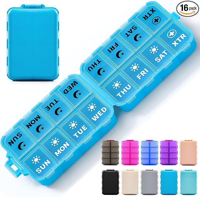 Foldable Weekly Pill Organizer 2 Times a Day with 2 Extra Compartments (Clear Printed Labels) - Portable 7 Day AM PM Medicine Box, Week Daily Travel Pill Case Holder for Vitamin, Supplement - Blue