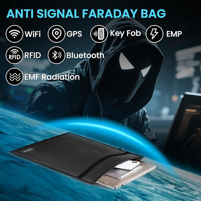 Faraday Bag, Signal Isolation Bag for Phones, Fireproof Shield Pouch, Prevents Hacking,Tracking,and NFC/WiFi/Bluetooth for Tablets, Phones, Key Fobs (9.8"X11", Black)